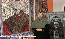 Halıların üzerine tarihi şahsiyetleri çiziyor