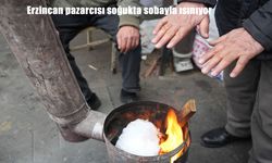 Erzincan pazarcısı soğukta sobayla ısınıyor