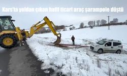Kars’ta yoldan çıkan hafif ticari araç şarampole düştü