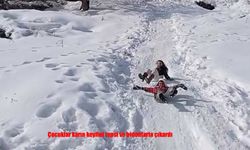 Tepsi ve bidonlar kızak oldu, çocuklar karın tadını çıkardı