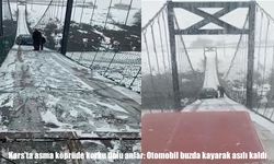 Kars'ta asma köprüde korku dolu anlar: Otomobil buzda kayarak asılı kaldı