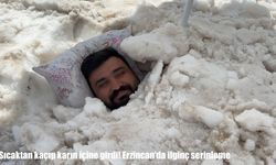 Erzincan’da ilginç serinleme yöntemi: Sıcaktan kaçıp karın içine girdi