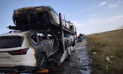 Ağrı'da otomobil taşıyan tırın dorsesinde çıkan yangın söndürüldü