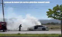 Erzincan'da bakım için servise götürülen otomobil yandı