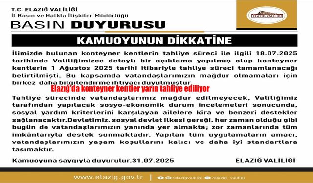 Elazığ’da Konteyner Kentler Boşaltılıyor: 1 Ağustos’tan İtibaren Tahliyeler Başlıyor