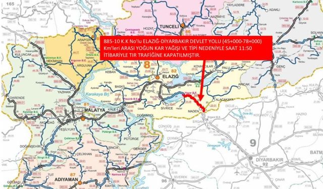 Elazığ-Diyarbakır Karayolu Ağır Taşıt Trafiğine Kapatıldı