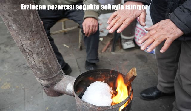 Erzincan pazarcısı soğukta sobayla ısınıyor