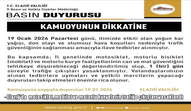 Elazığ’da motosiklet, mobilet ve motorlu kuryelerin trafiğe çıkışları yasaklandı