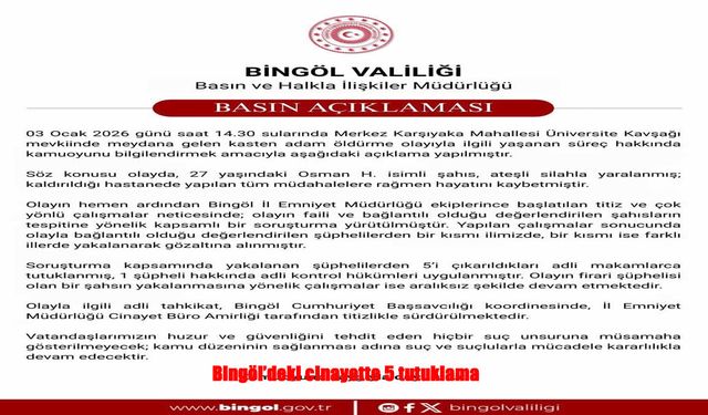 Bingöl’de silahlı cinayet: 5 şüpheli tutuklandı