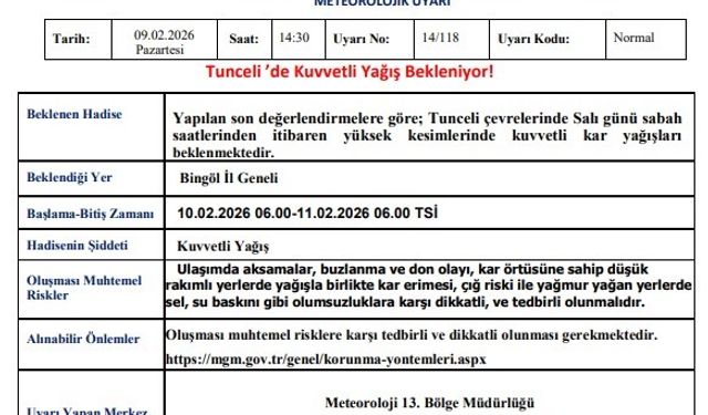 Tunceli’de Kuvvetli Kar Yağışı Uyarısı