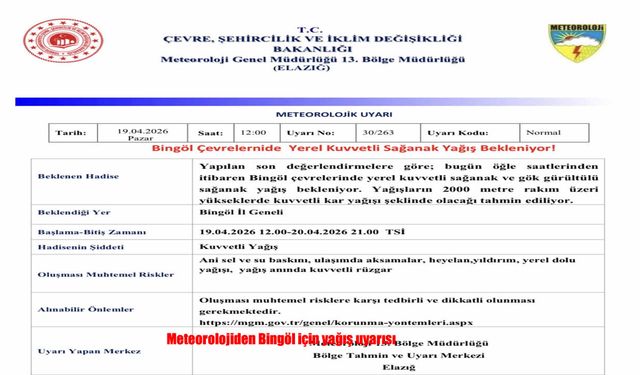 Meteorolojiden Bingöl için kuvvetli yağış uyarısı