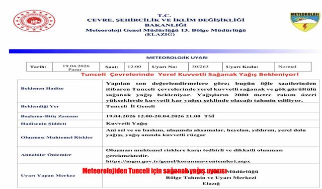 Tunceli’de sağanak yağış uyarısı