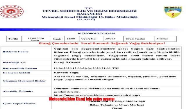 Elazığ’da gök gürültülü sağanak yağış bekleniyor