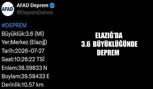 SON DAKİKA: Elazığ’da 3.6 büyüklüğünde deprem
