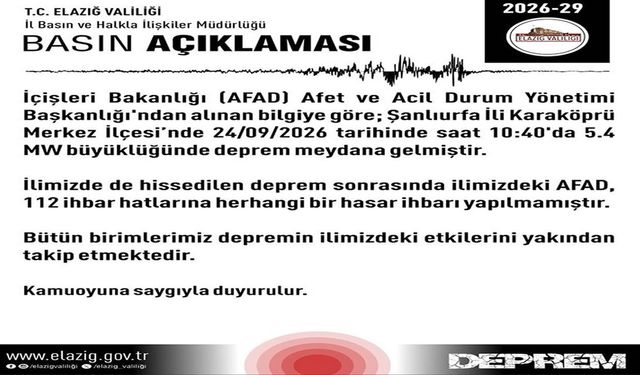 Elazığ’da hissedilen deprem sonrası valilikten açıklama