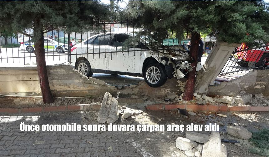 Malatya’da Kontrolden Çıkan Otomobil Önce Araca Sonra Duvara Çarparak Alev Aldı